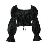 French Vintage Pleated Long Sleeve Square Collar Top